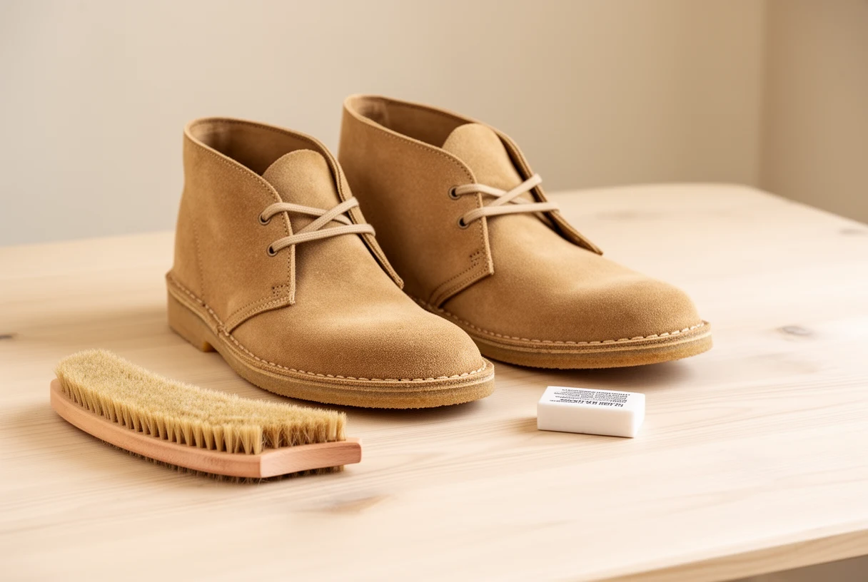 Chaussures en daim beige avec une brosse crêpe et une gomme de nettoyage