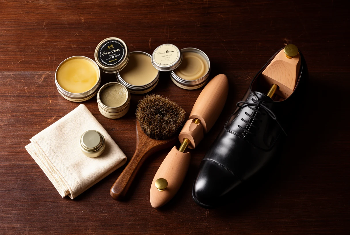 Produits d'entretien pour chaussures en cuir : crème, cirage, brosse et chiffon