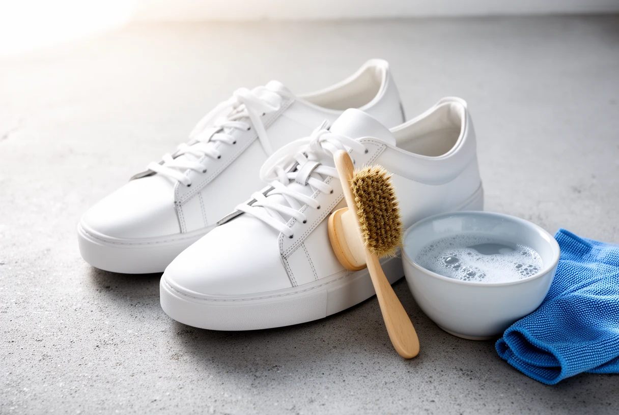 Sneakers blanches en cuir avec une brosse douce et un chiffon de nettoyage
