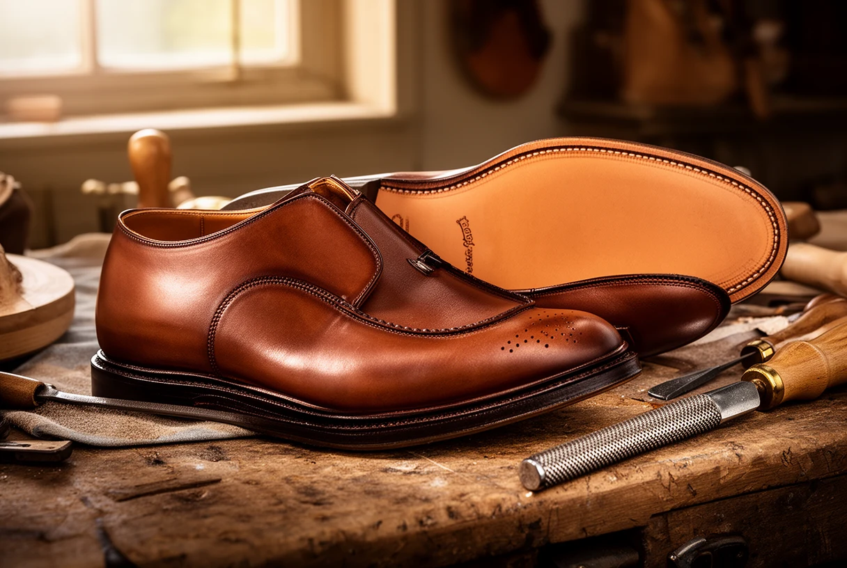 Paire de chaussures en cuir sur un établi de cordonnier avec une semelle neuve