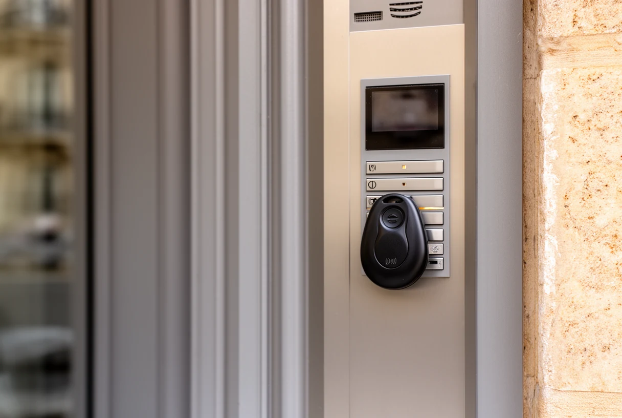 Lecteur de badge RFID sur la porte d'entrée d'un immeuble