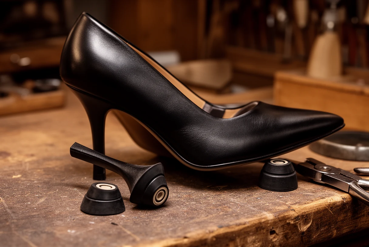 Escarpin noir avec un bonbout de talon détaché sur un établi de cordonnier