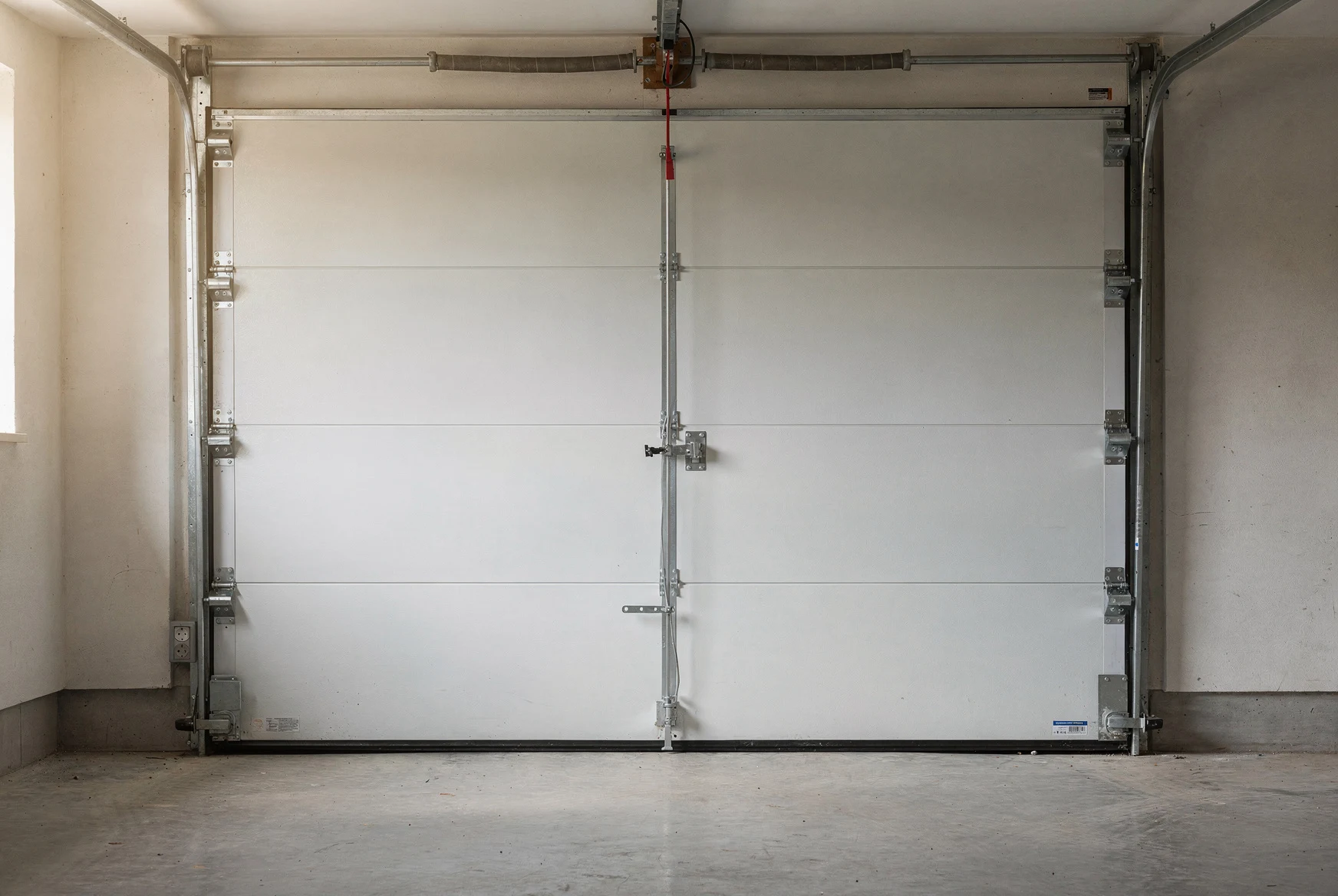 Porte de garage basculante blanche équipée d'une serrure à crémone centrale